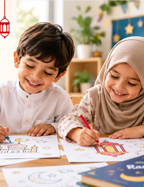 Children colouring under a Ramadan lantern