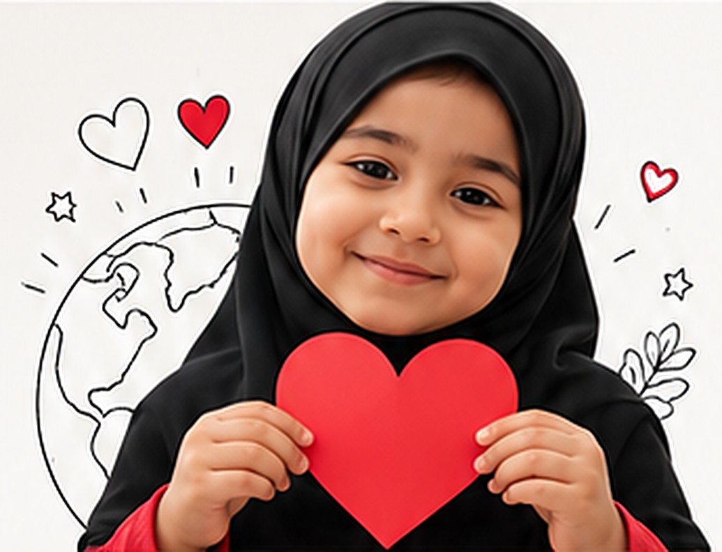 A smiling girl holding a red paper heart