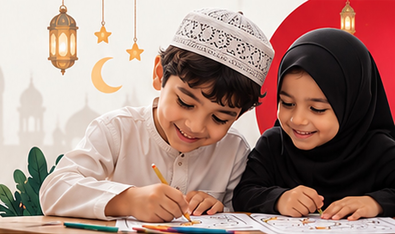 Two children happily colouring Ramadan activity sheets